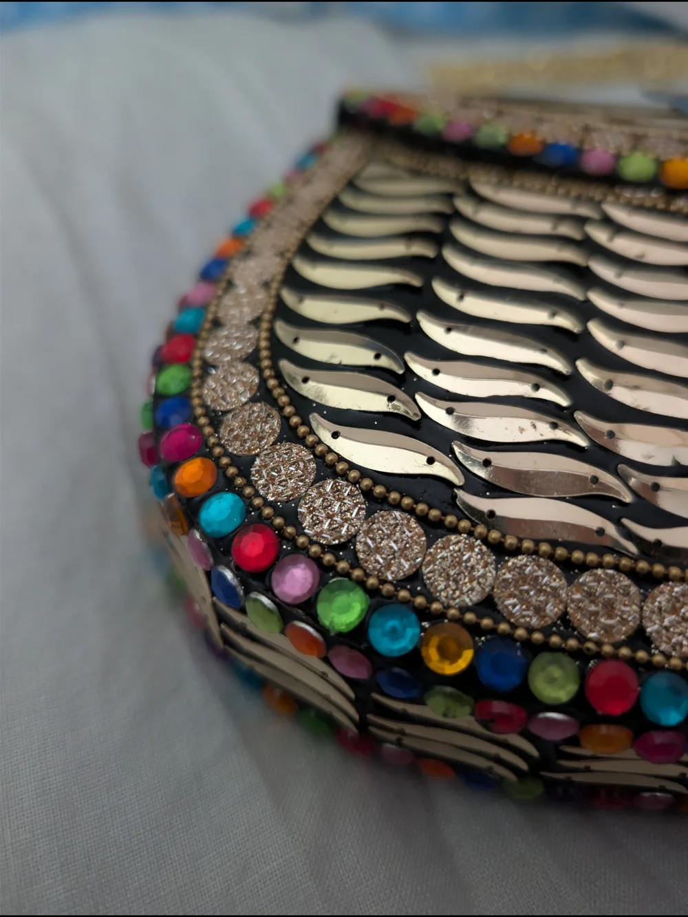 NWT RAMLA Handmade Embellished Metallic Gold Multi Gem Clutch Crossbody